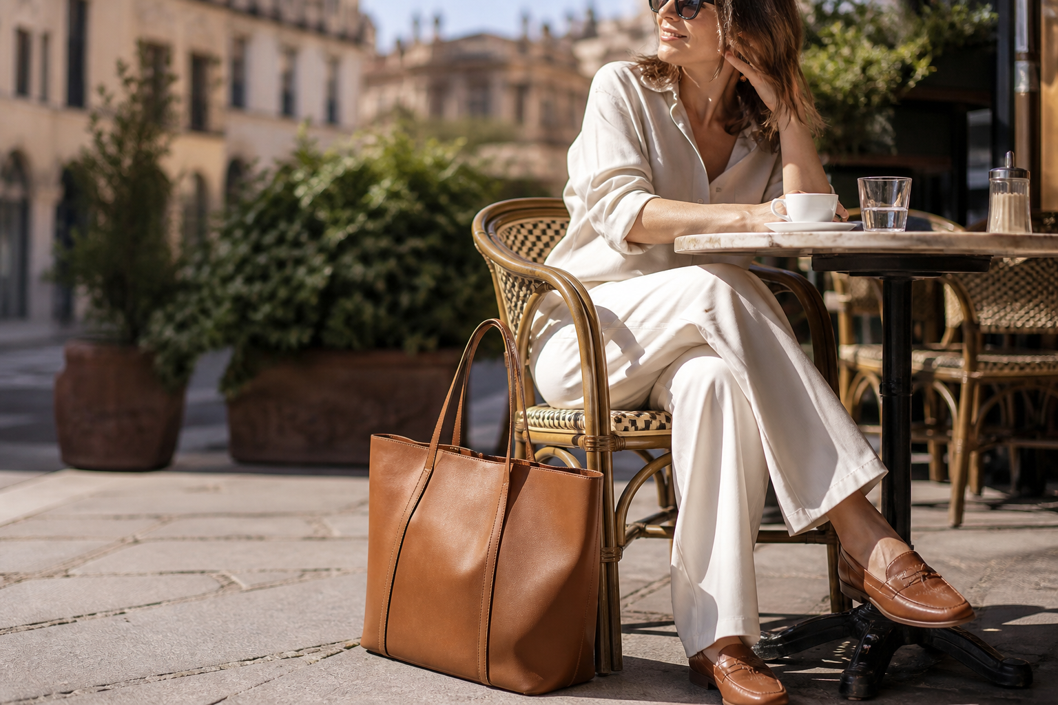 Borsa color cuoio accanto a un tavolo all'aperto
