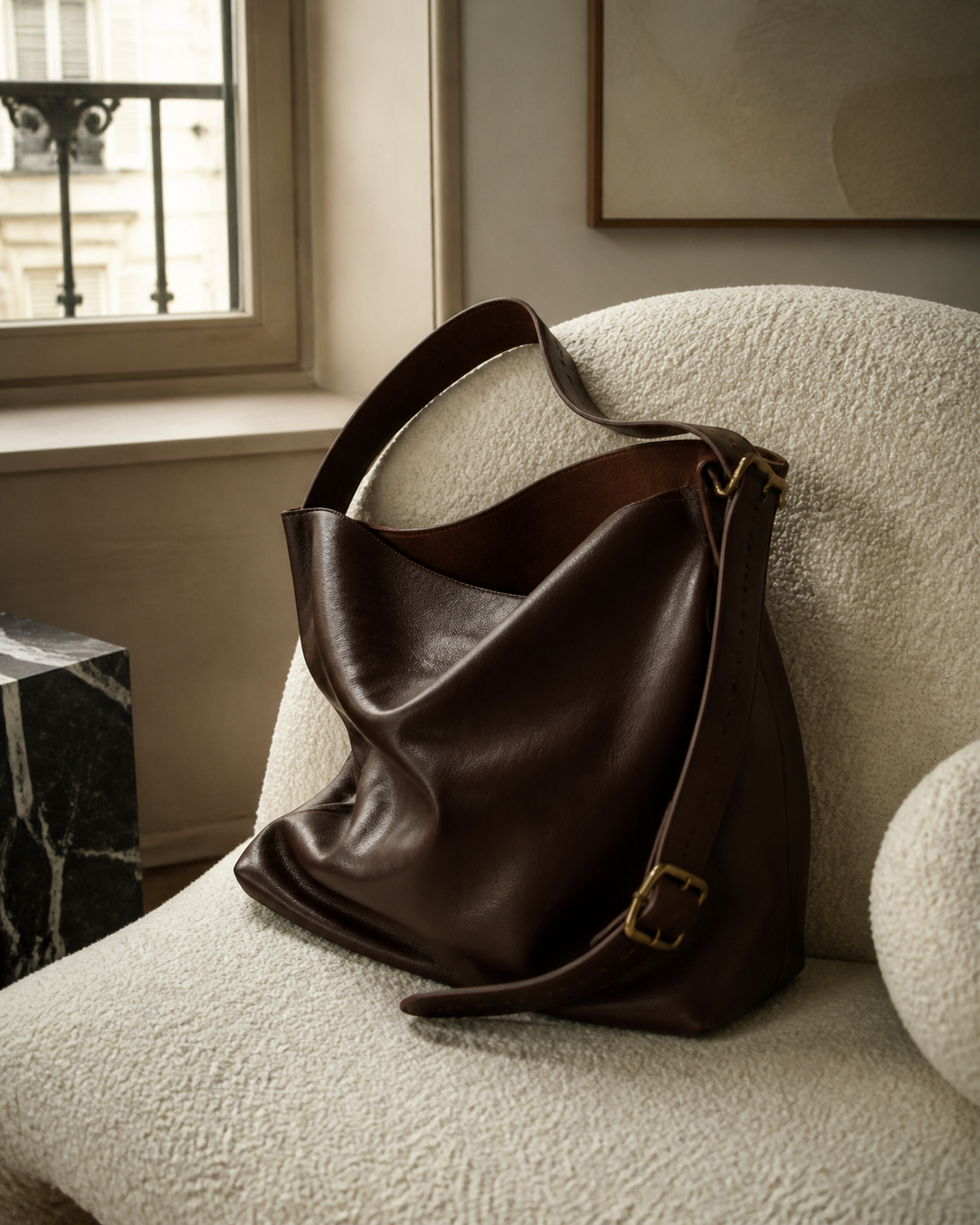 Borsa in pelle marrone in un interno luminoso